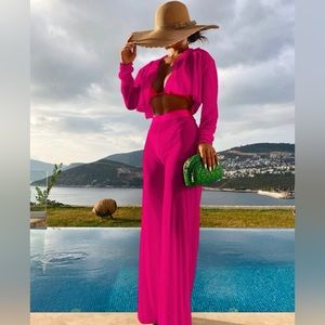 Hot pink swimsuit and coverup set